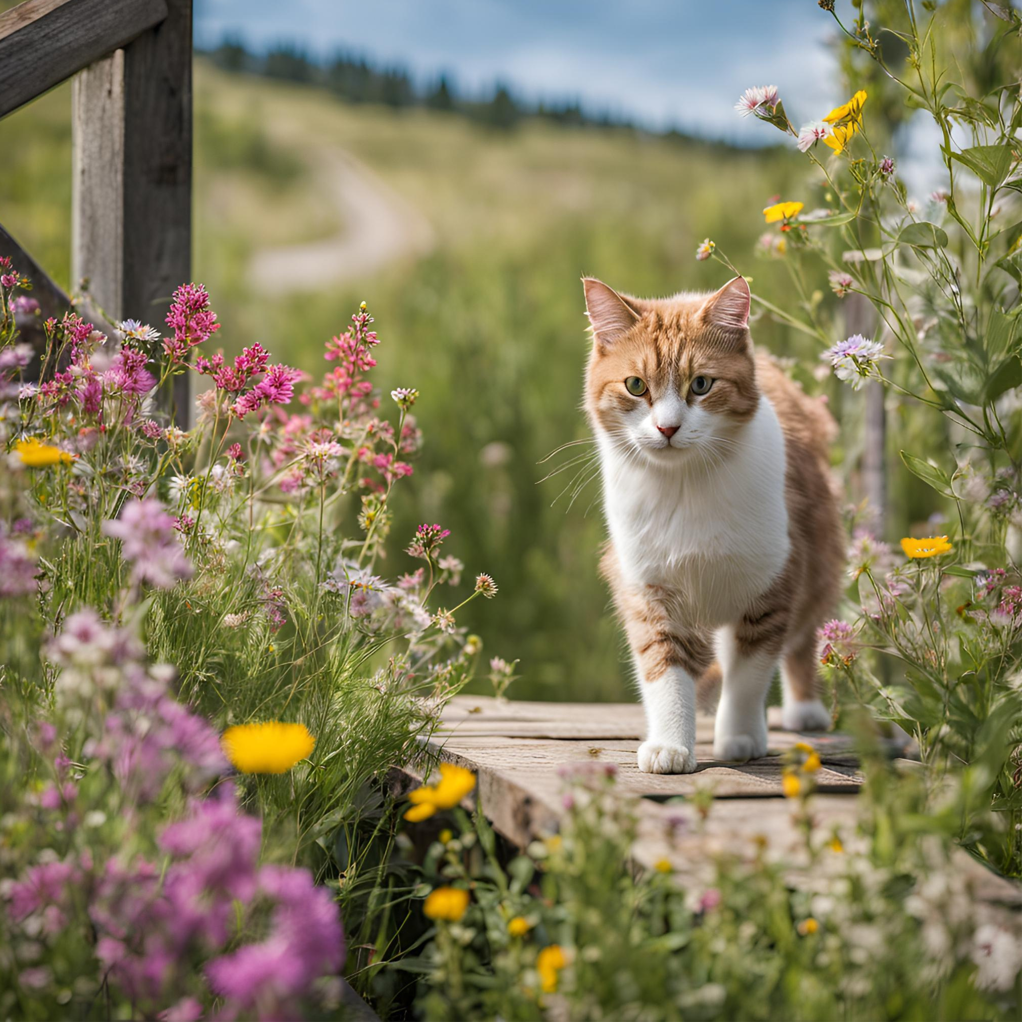 Cat strolling through a perennial wildflower memorial garden — serene tribute featured in unique gifts for pet loss and heartfelt gifts for when a pet dies.