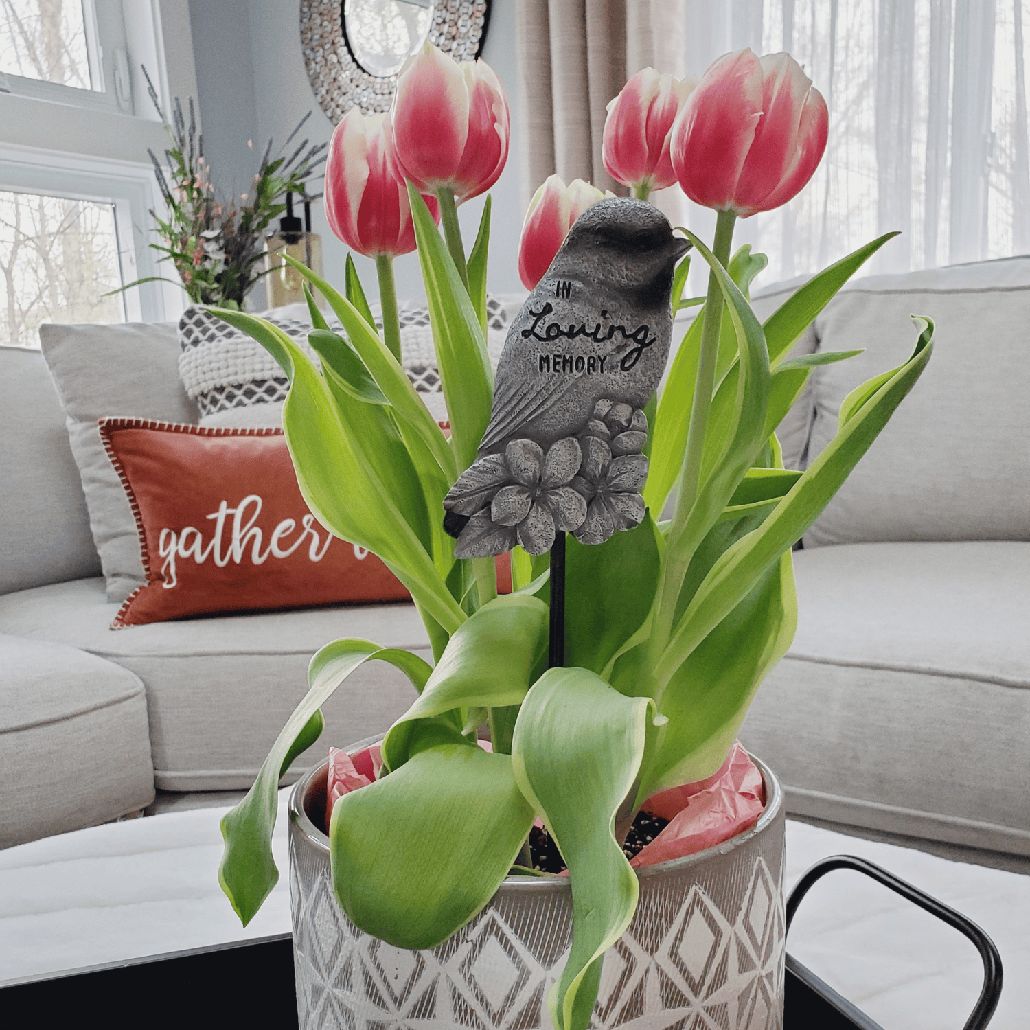 Bird Memorial Garden Stake & Tulips