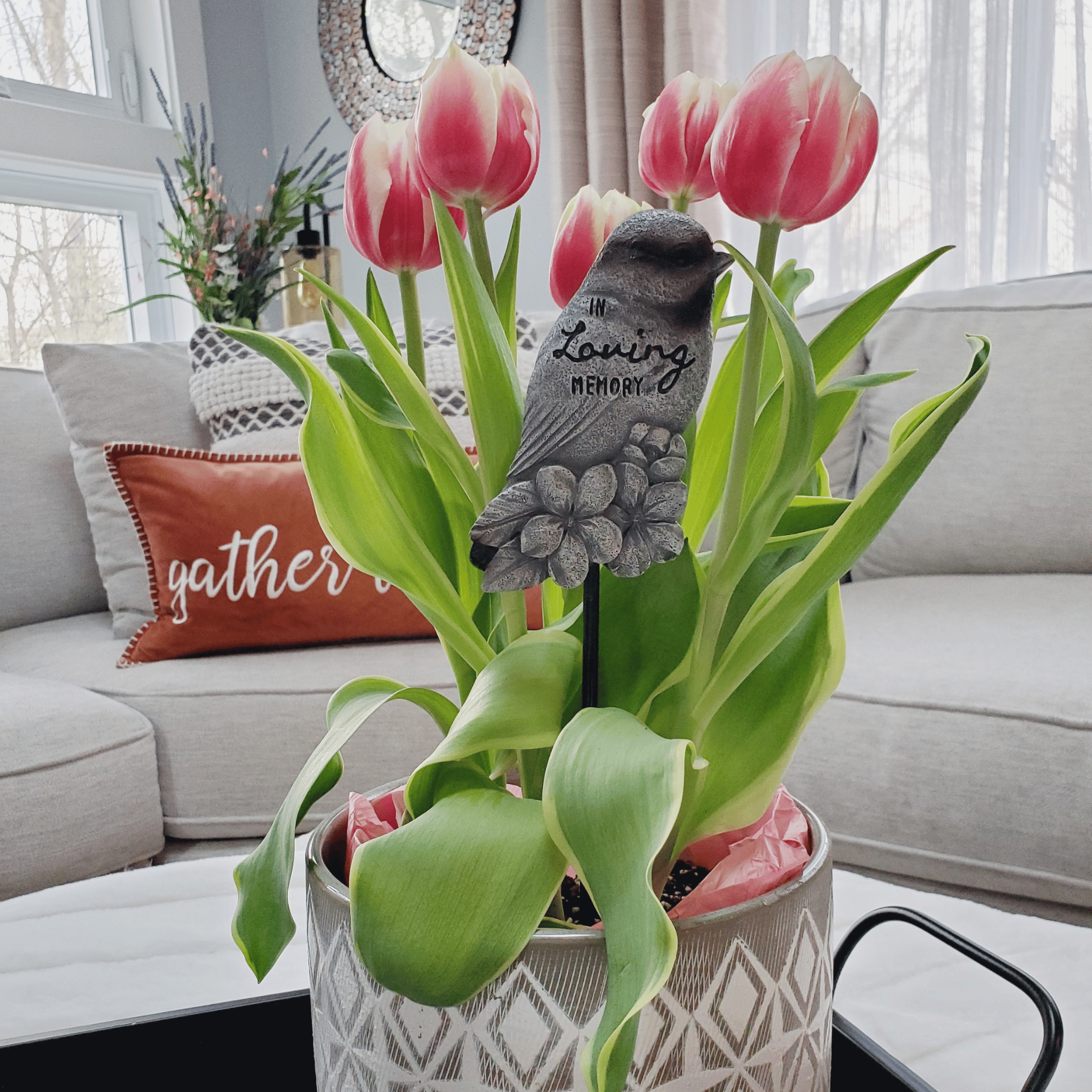 Bird Memorial Garden Stake & Tulips