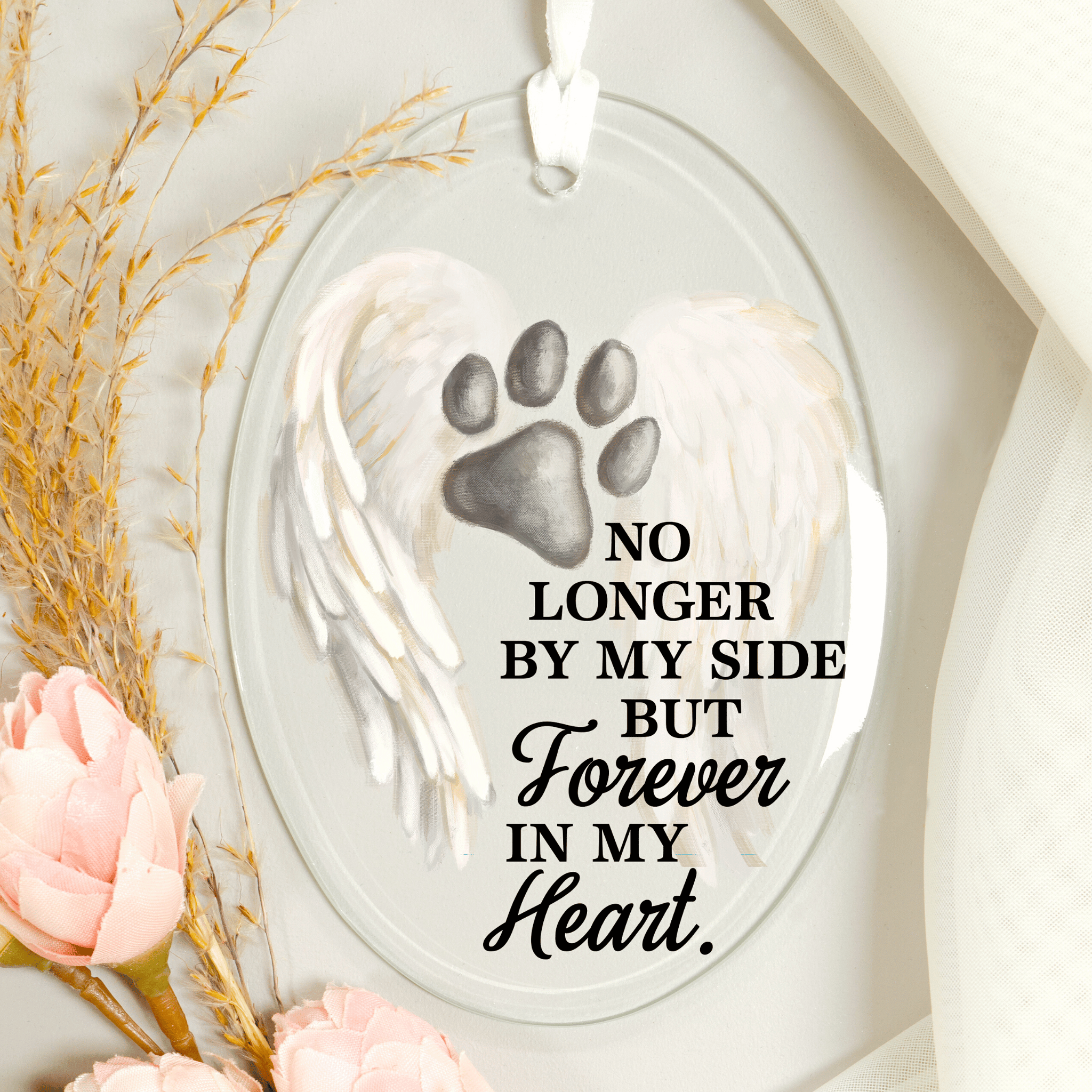 Personalized Memorial Pawprint & Angel Wings Glass Ornament