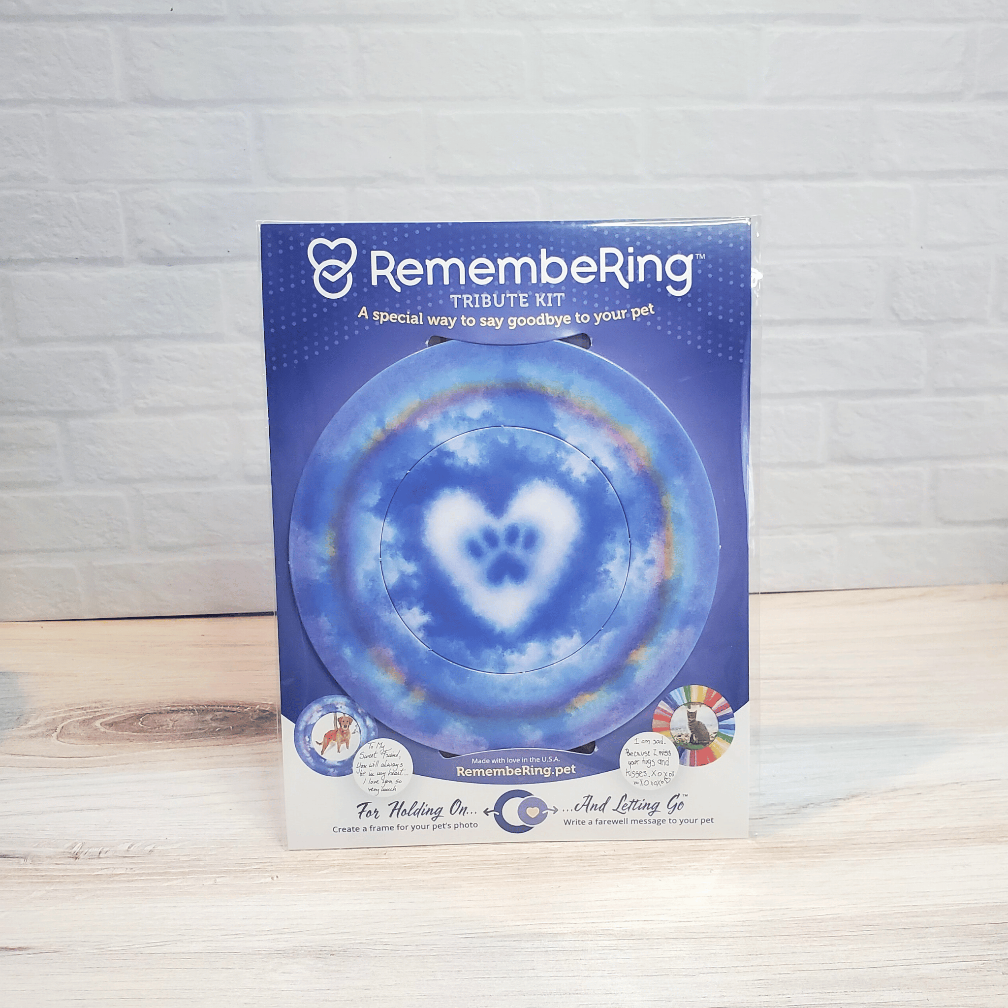 RemembeRing Pet Memorial Tribute Kit - Clouds & Paw Prints Design