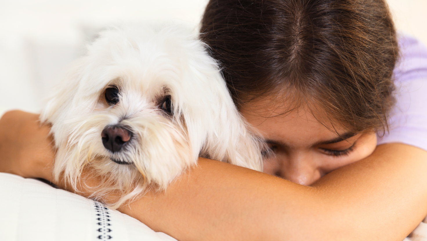 Girl hugging small older white dog for blog discussing loss of pet and importance of pet businesses to acknowledge the loss.