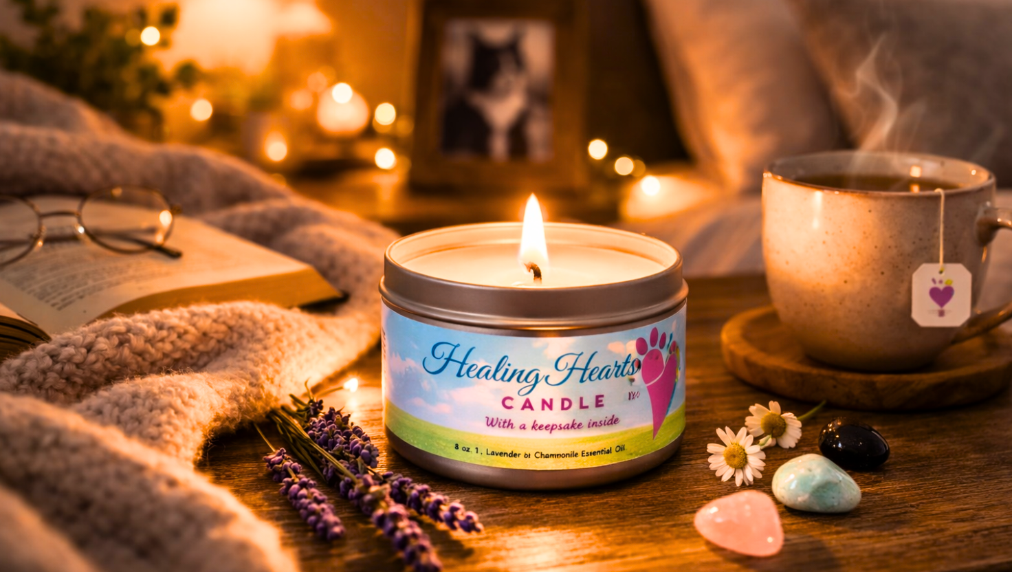 Healing Hearts Pet Loss Memorial Candle Shown Lit on a table with tea and blanket in soft lighting with samples of the keepsake hearts revealed when melted lying on the table by the candle
