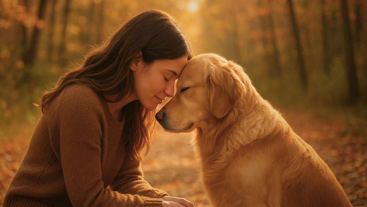 Grief changes you Pet Loss Blog Girl and her Golden Retriever in the shades of a fall background