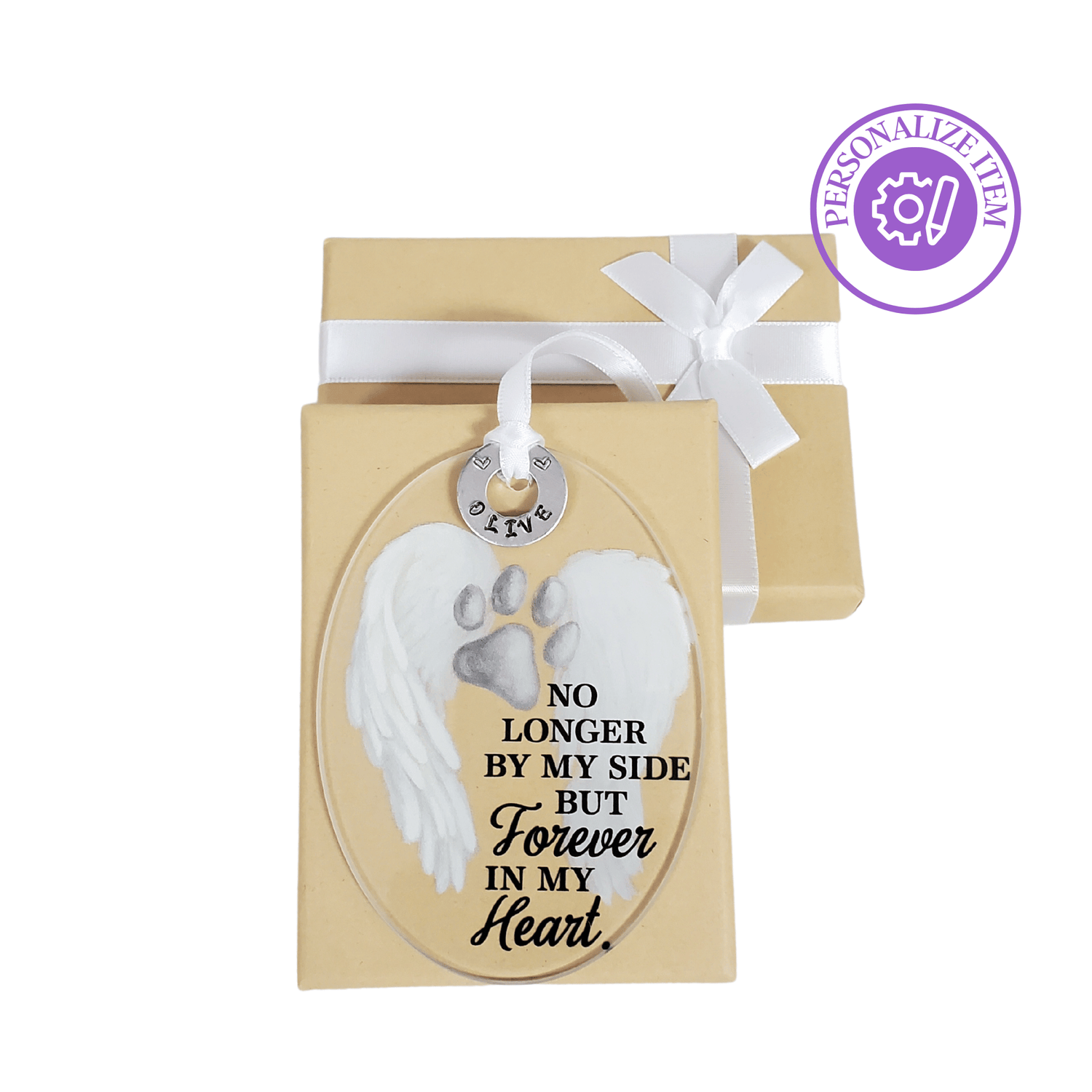 Memorial Pawprint and Angel Wings Glass Ornament