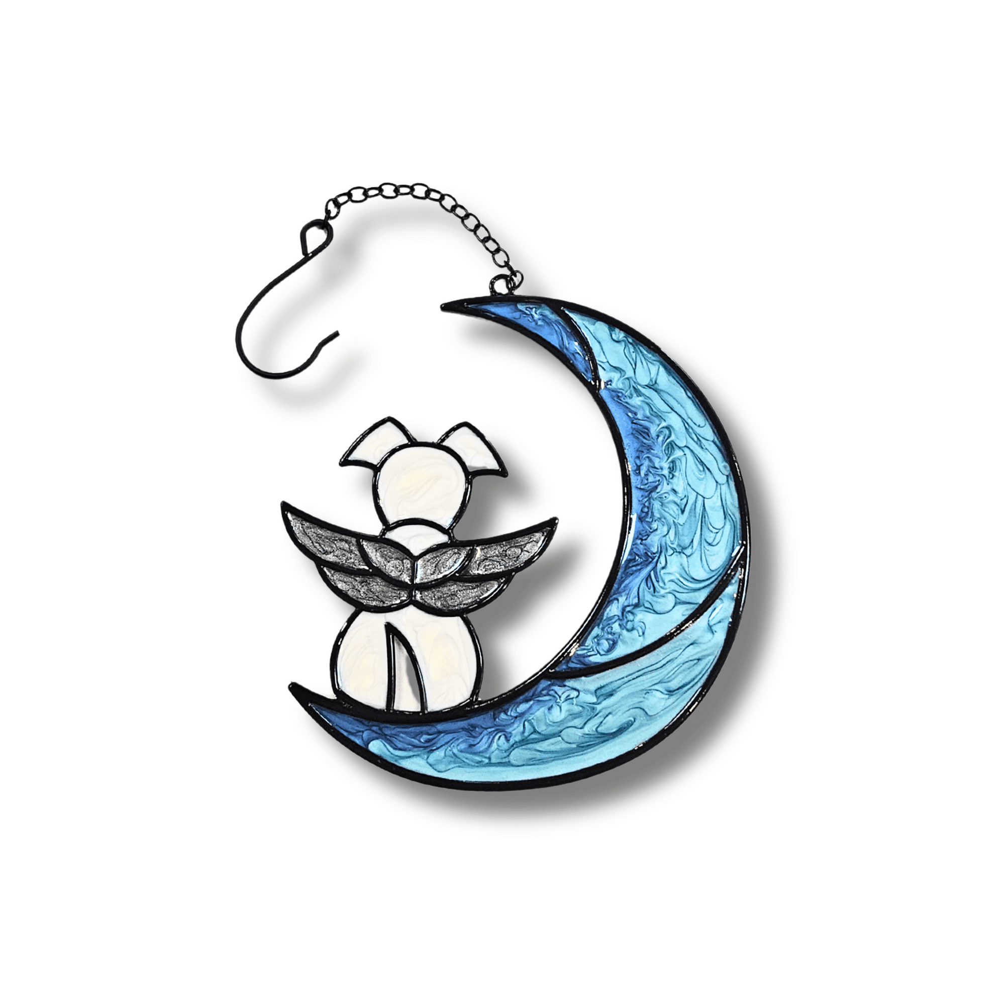 Dog on Moon with Angel Wings Memorial Suncatcher for Pet Loss