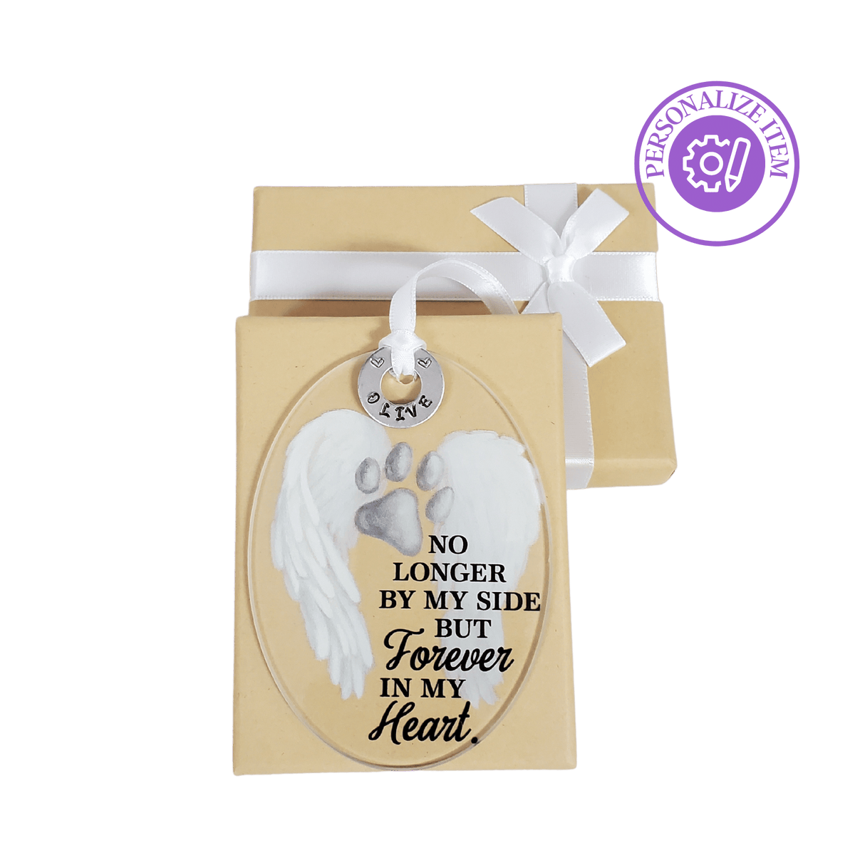 Personalized Memorial Pawprint &amp; Angel Wings Glass Ornament